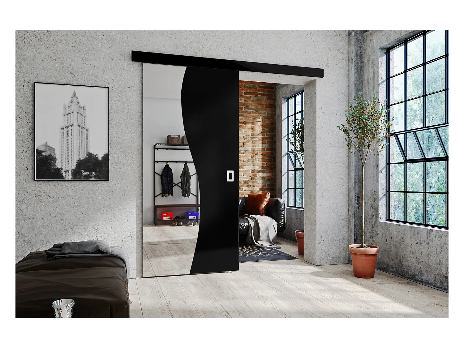 Emporius Porte coulissante 90 cm Kaja - miroir, cache rail, portes coulissantes murales intérieures - Noir