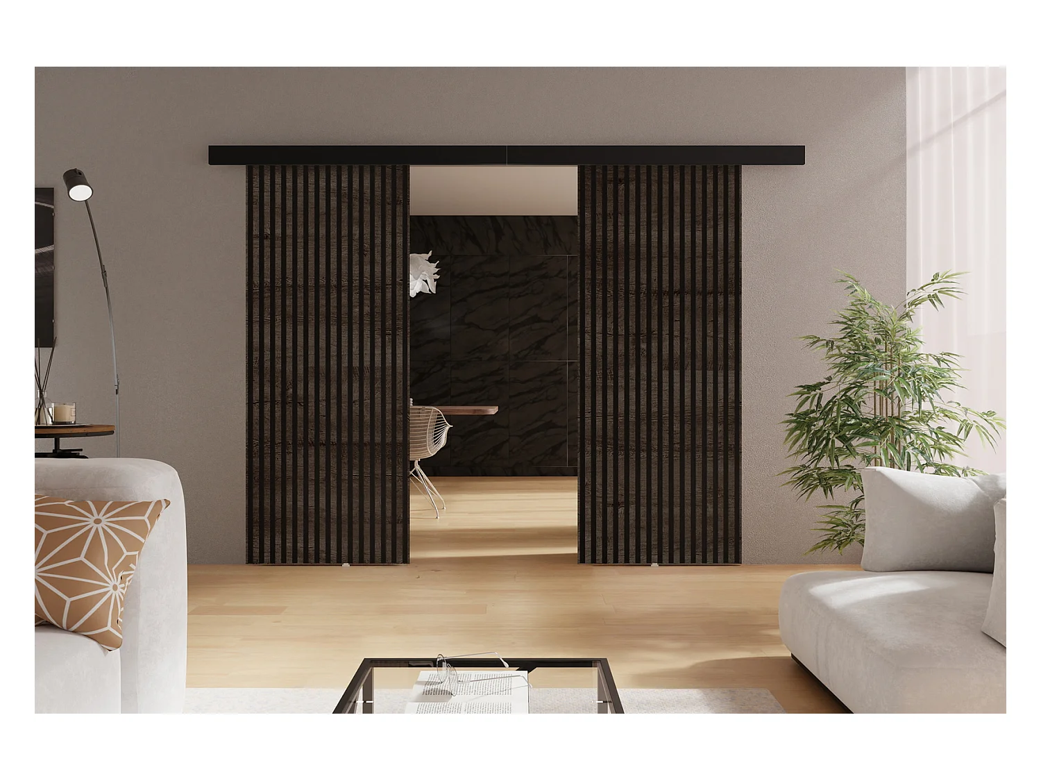 Schuifwanddeuren 130 cm Belor Duo - loftachtige inbouwdeuren, imitatie lamellen - Donker hout