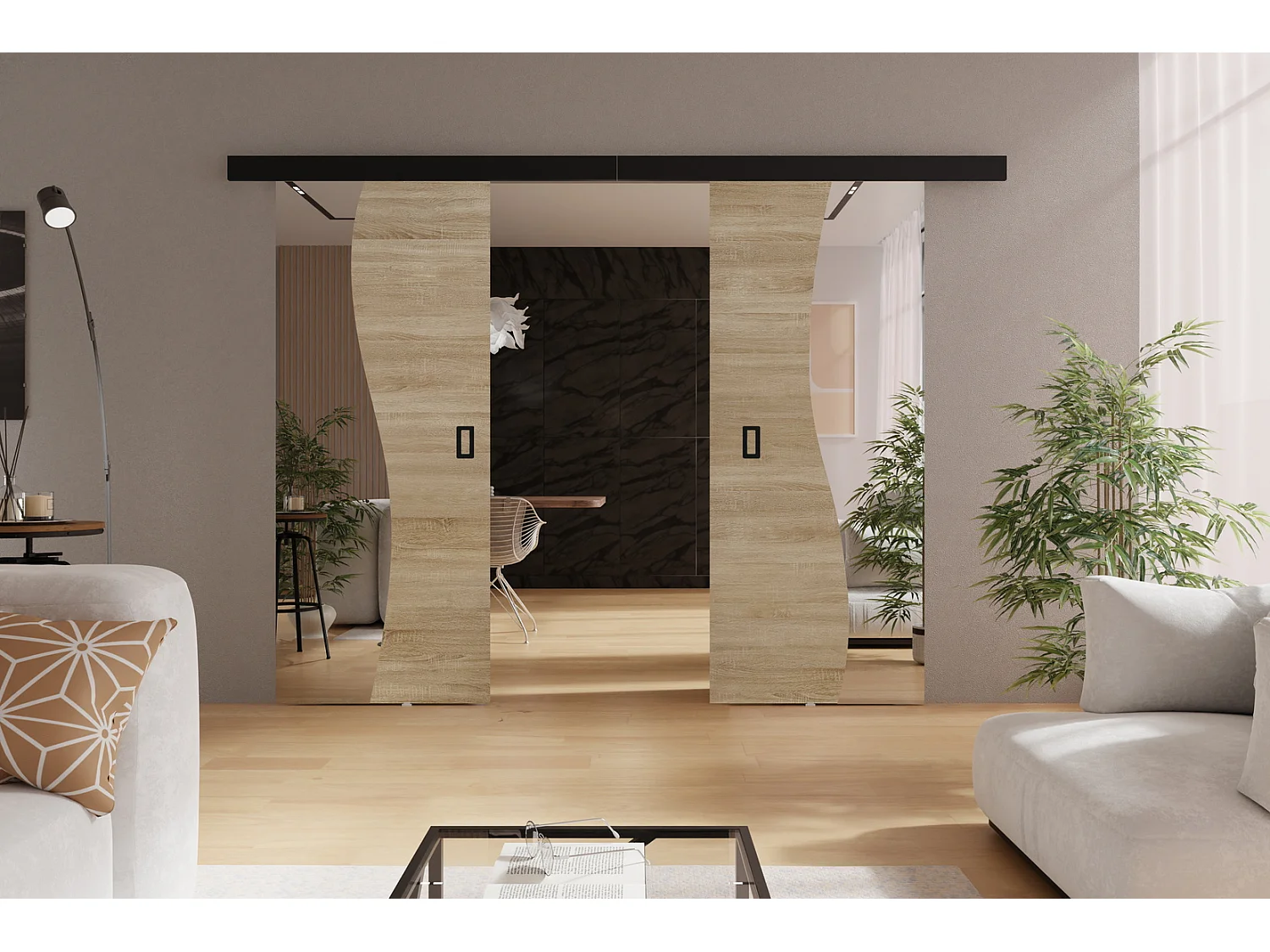 Emporius Porte coulissante 210 cm Kaja Duo - miroir, cache rail, portes coulissantes murales intérieures - Chêne sonoma