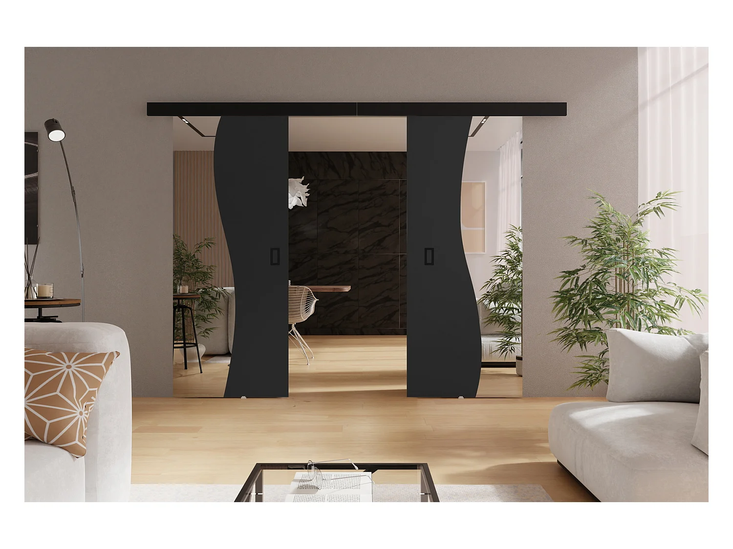 Emporius Porte coulissante 150 cm Kaja Duo - miroir, cache rail, portes coulissantes murales intérieures - Graphite