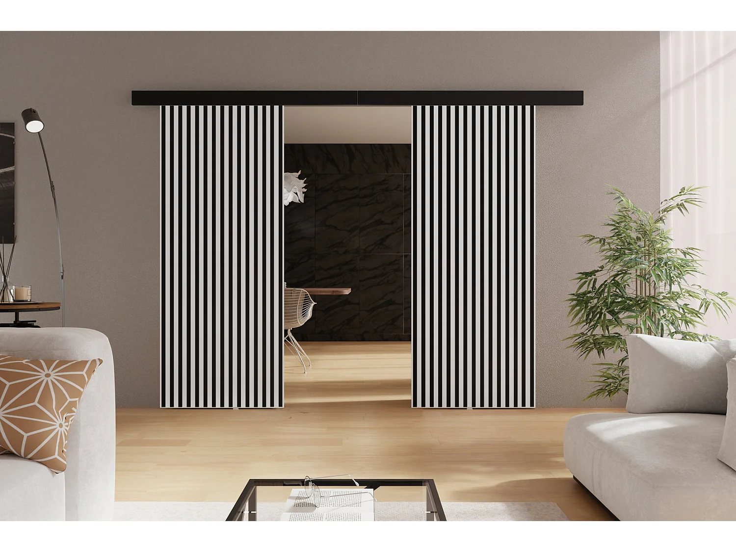 Emporius Porte coulissante 150 cm Belor Duo - imitation de lamelle, porte suspendue coulissante - Blanc