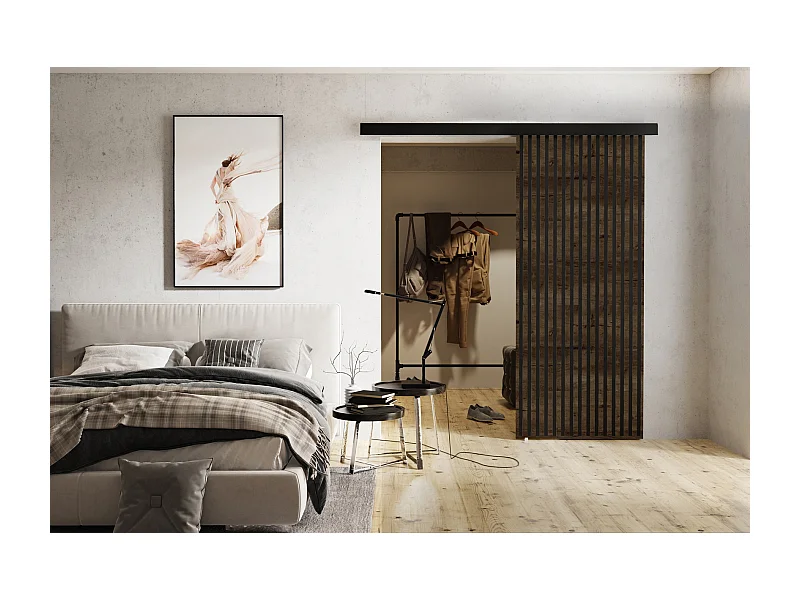 Emporius Porte coulissante 60 cm Belor - imitation de lamelle, porte suspendue coulissante - Bois foncé