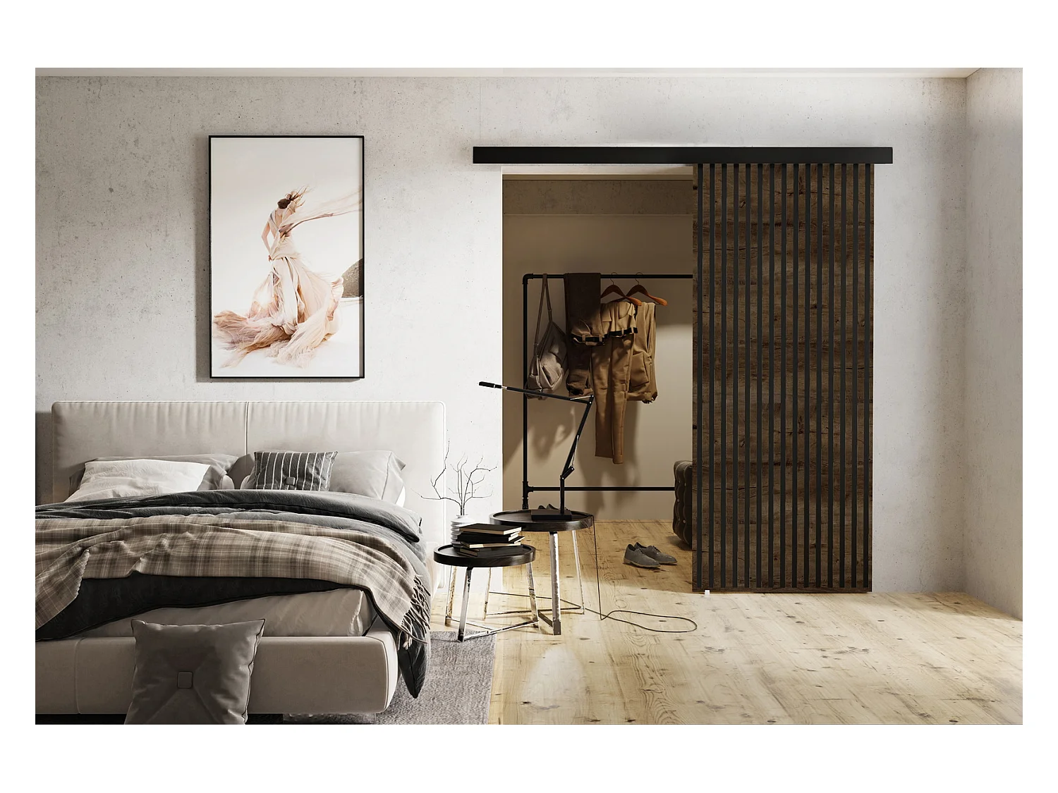 Emporius Porte coulissante 60 cm Belor - imitation de lamelle, porte suspendue coulissante - Bois foncé