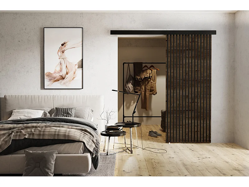 Emporius Porte coulissante 80 cm Belor - imitation de lamelle, porte suspendue coulissante - Bois foncé