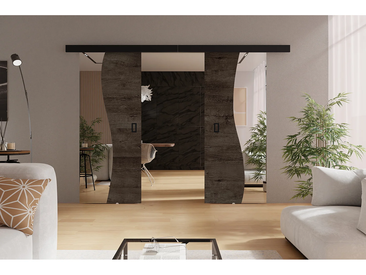 Schuifdeuren met spiegel Kaja Duo - Schuifwanddeuren 210 cm Donker hout