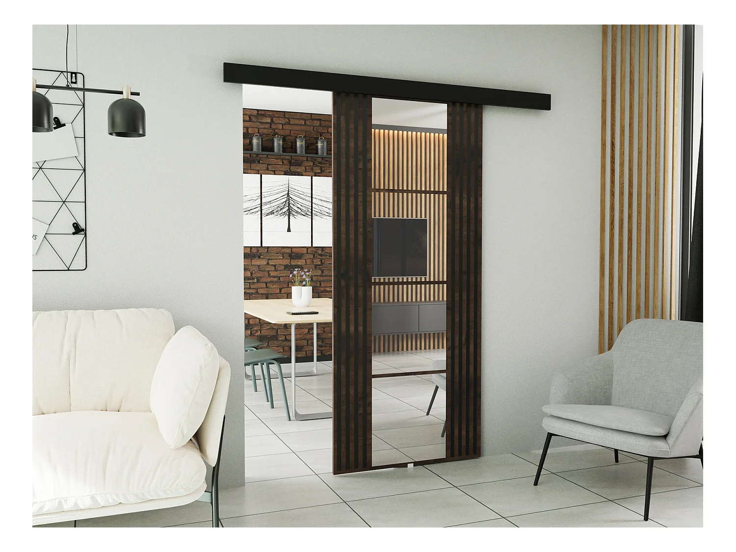 Emporius Porte coulissante avec miroir Elora - imitation de lamelle, porte coulissante 100 cm - Bois foncé