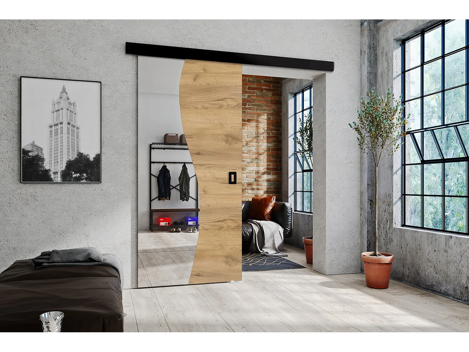 Emporius Porte coulissante 60 cm Kaja - miroir, cache rail, portes coulissantes murales intérieures - Chêne craft doré