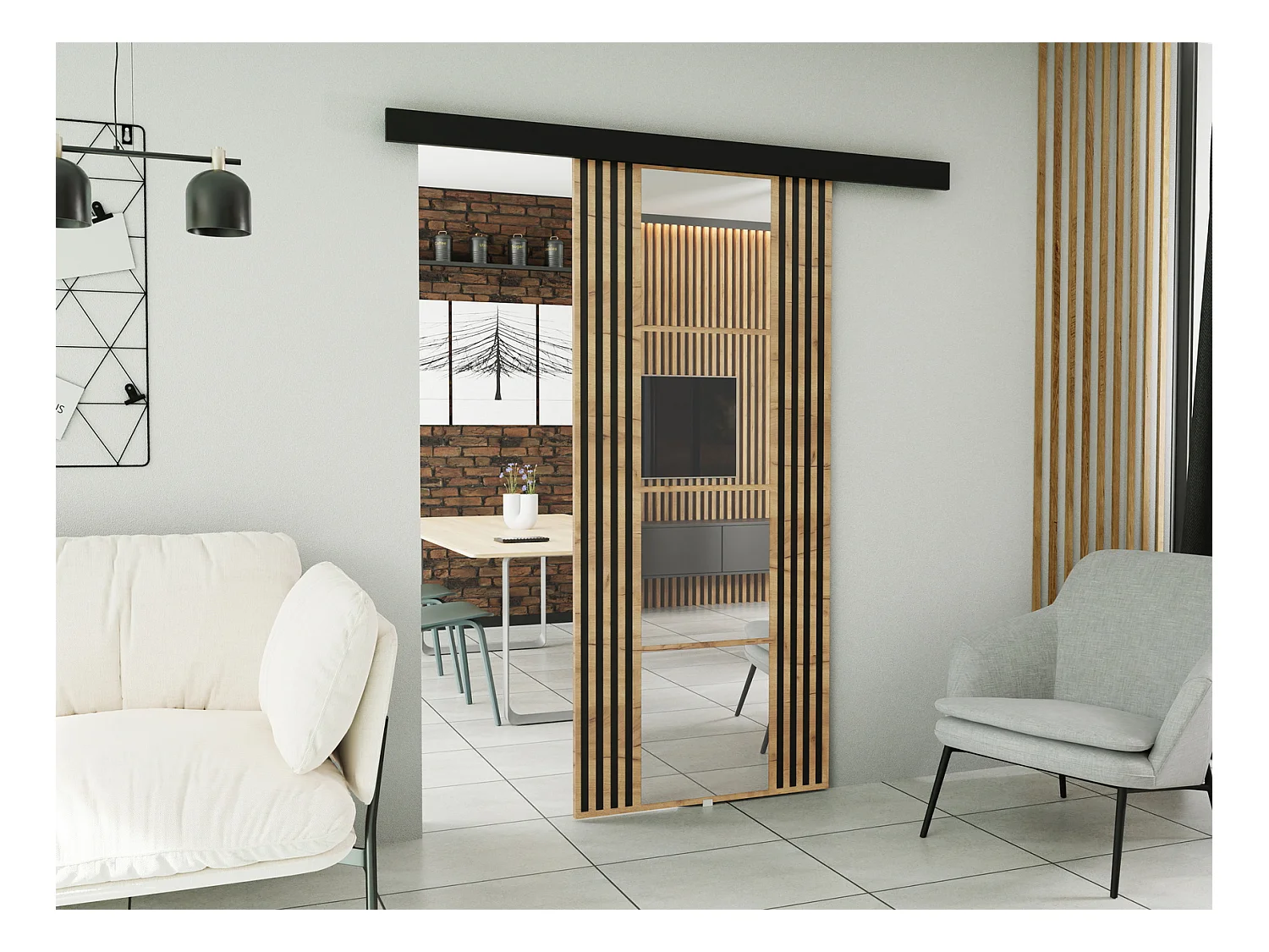 Emporius Porte coulissante avec miroir Elora - imitation de lamelle, porte coulissante 60 cm - Chêne craft doré