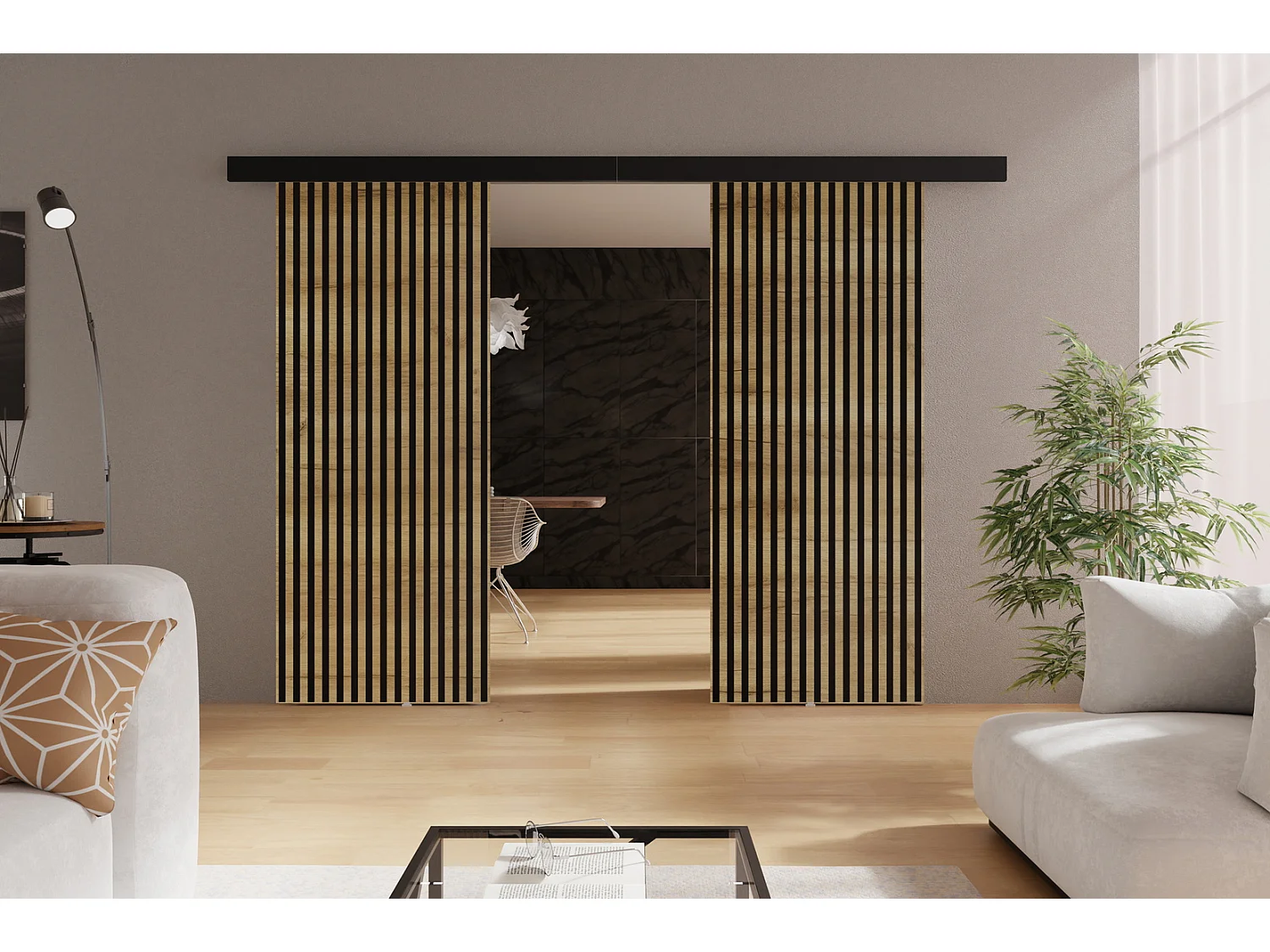 Emporius Porte coulissante 190 cm Belor Duo - imitation de lamelle, porte suspendue coulissante - Chêne craft doré