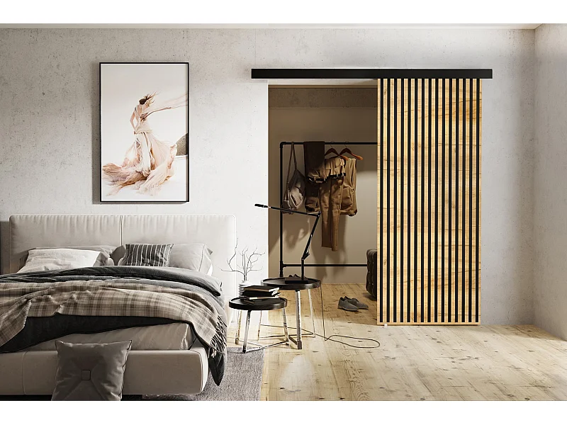 Emporius Porte coulissante 100 cm Belor - imitation de lamelle, porte suspendue coulissante - Chêne craft doré