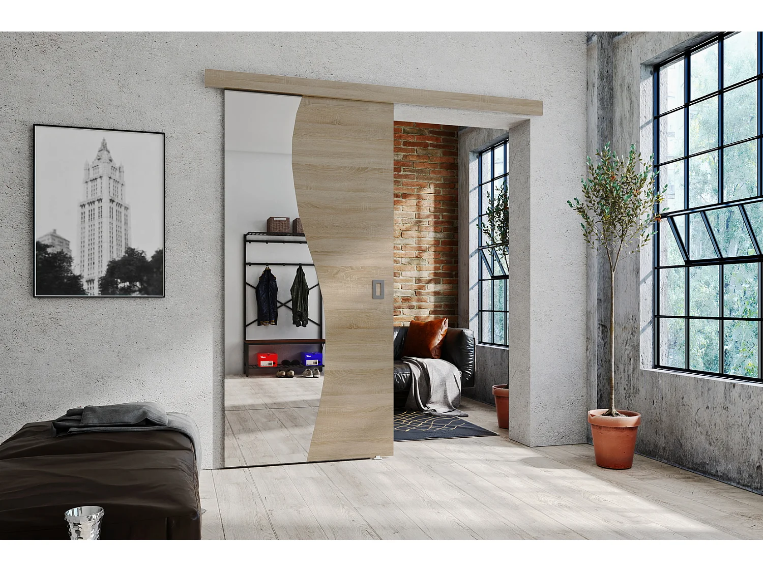 Emporius Porte coulissante 80 cm Kaja - miroir, cache rail, portes coulissantes murales intérieures - Chêne sonoma