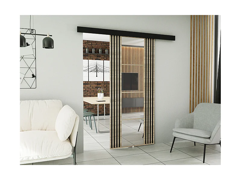 Emporius Porte coulissante avec miroir Elora - imitation de lamelle, porte coulissante 80 cm - Chêne sonoma