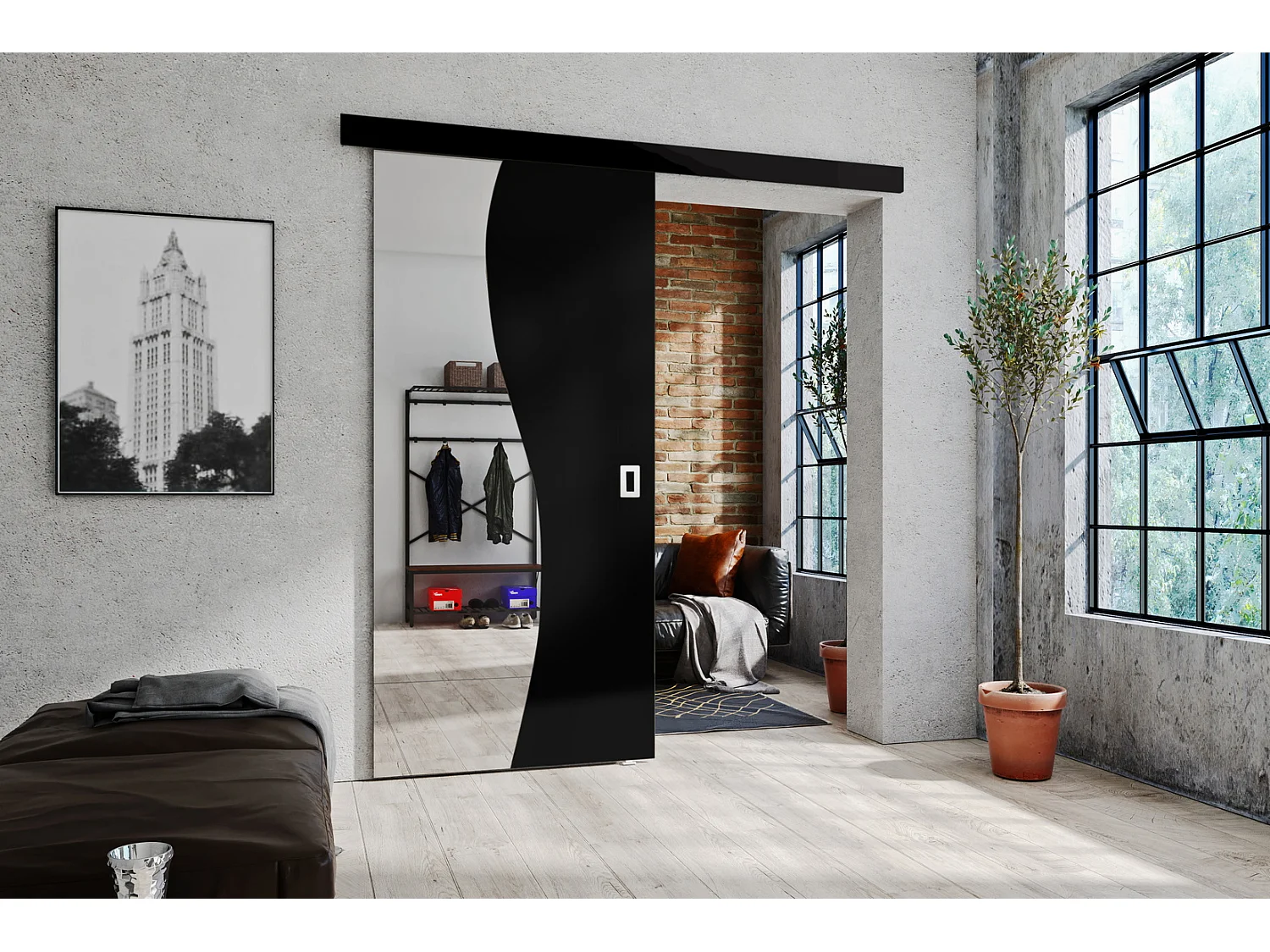 Emporius Porte coulissante 80 cm Kaja - miroir, cache rail, portes coulissantes murales intérieures - Noir