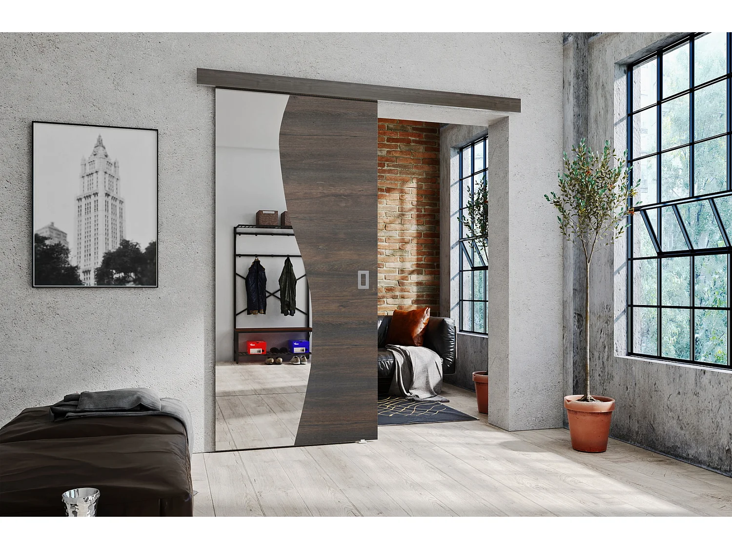 Emporius Porte coulissante 80 cm Kaja - miroir, cache rail, portes coulissantes murales intérieures - Bois foncé