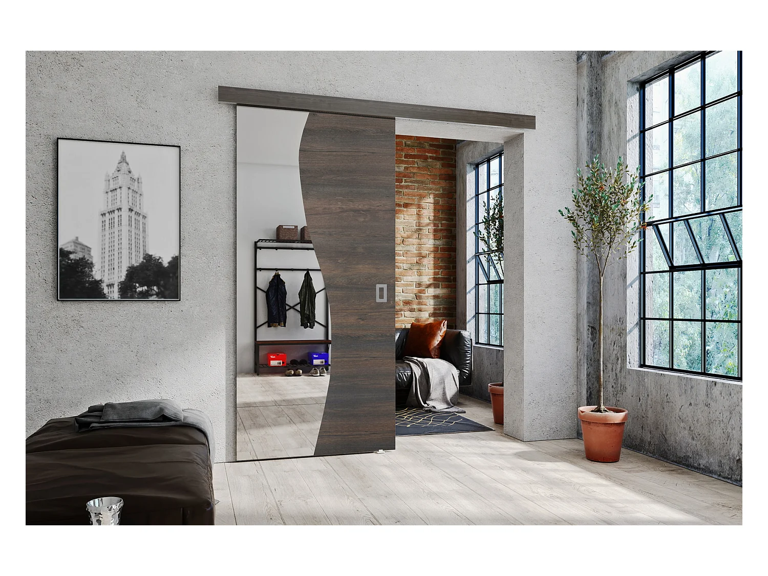 Emporius Porte coulissante 60 cm Kaja - miroir, cache rail, portes coulissantes murales intérieures - Bois foncé