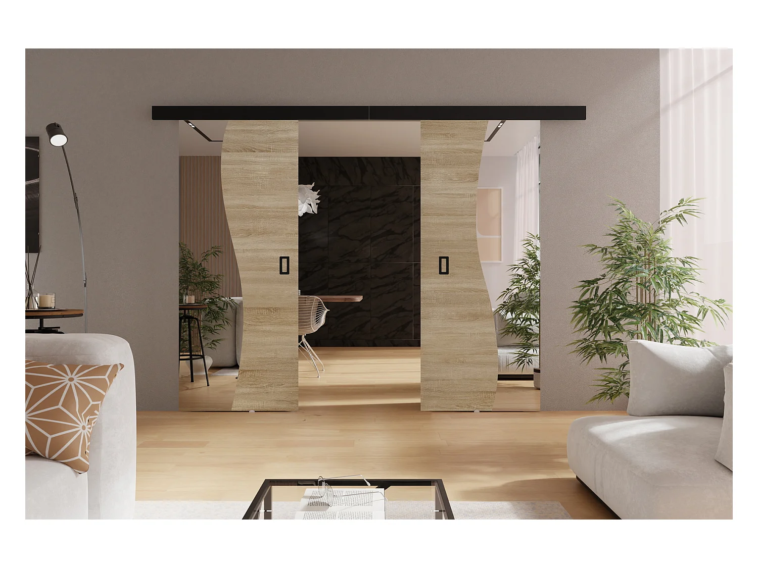 Emporius Porte coulissante 130 cm Kaja Duo - miroir, cache rail, portes coulissantes murales intérieures - Chêne sonoma