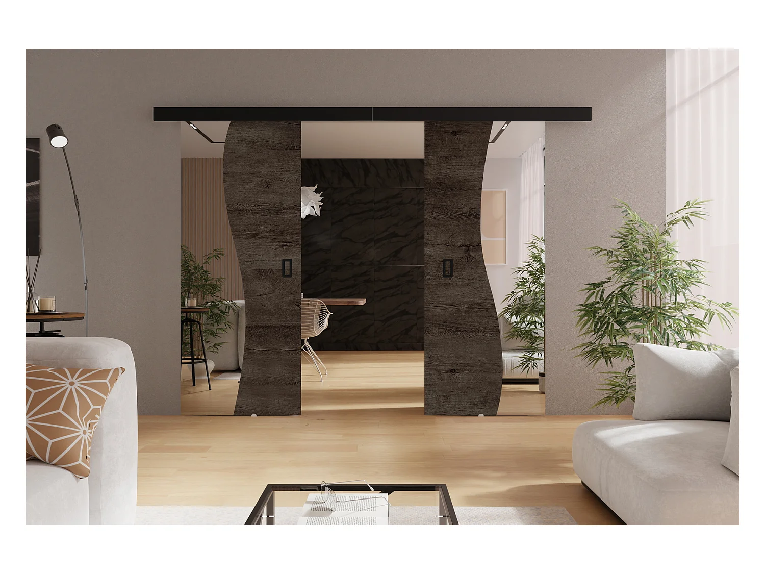 Emporius Porte coulissante 150 cm Kaja Duo - miroir, cache rail, portes coulissantes murales intérieures - Bois foncé