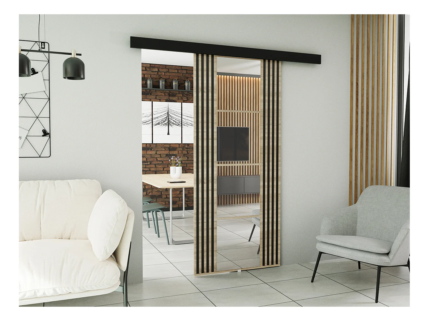 Emporius Porte coulissante avec miroir Elora - imitation de lamelle, porte coulissante 60 cm - Chêne sonoma