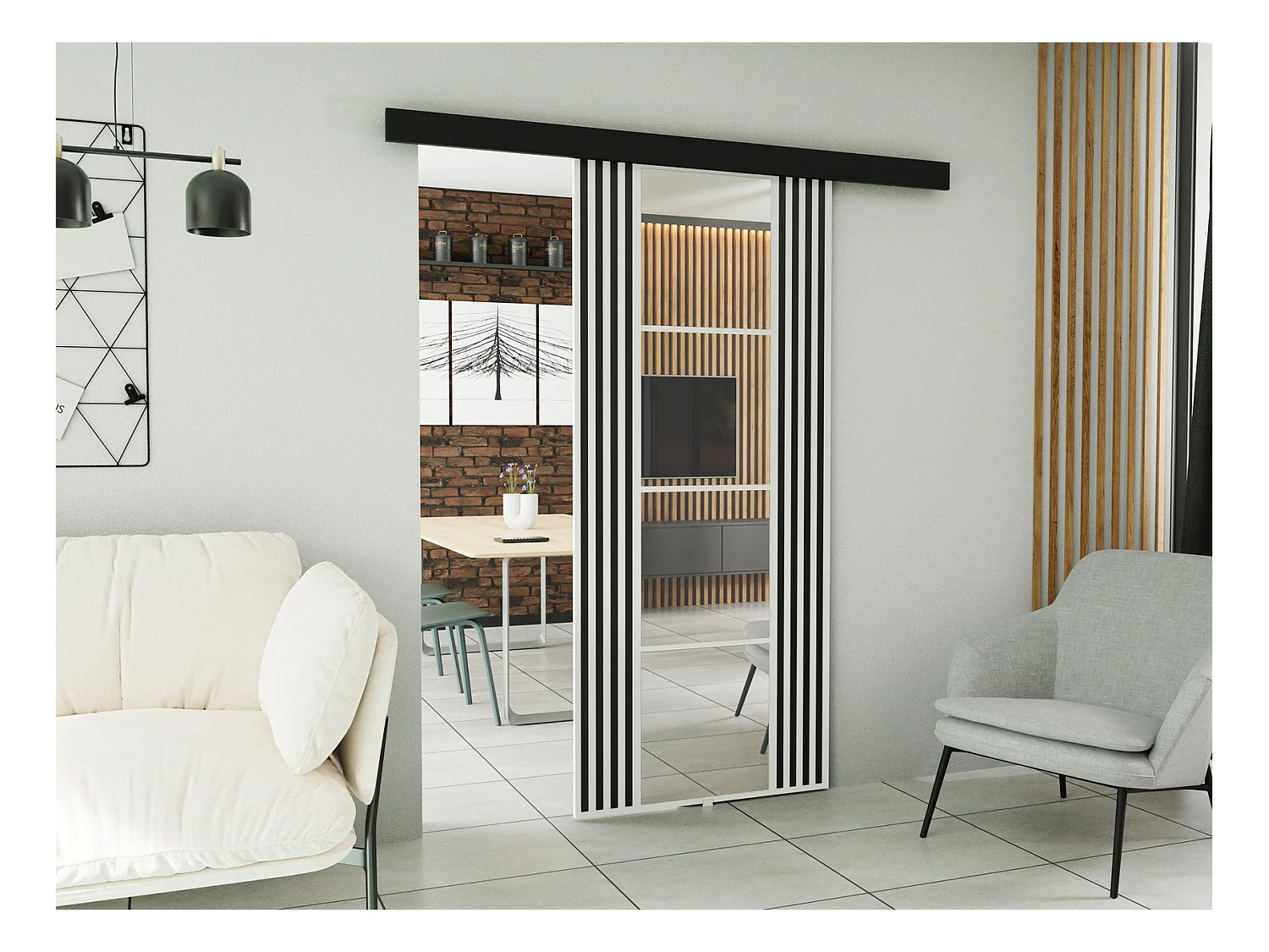 Emporius Porte coulissante avec miroir Elora - imitation de lamelle, porte coulissante 100 cm - Blanc