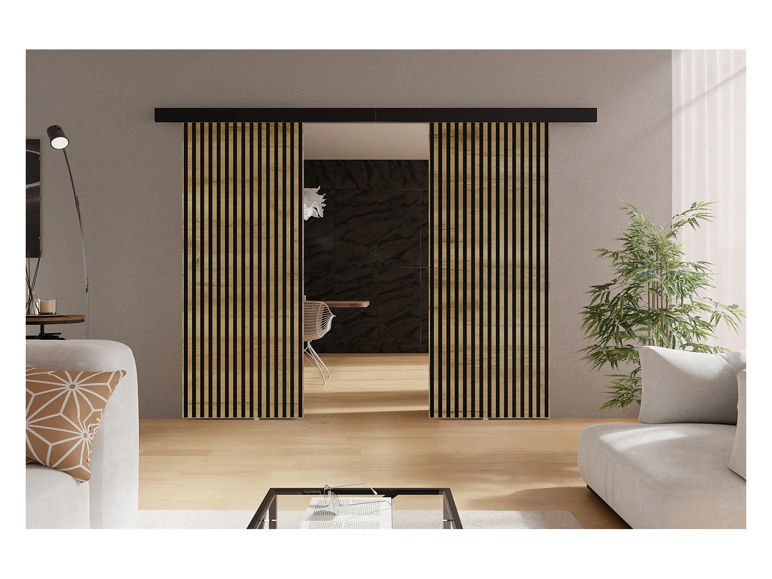 Emporius Porte coulissante 210 cm Belor Duo - imitation de lamelle, porte suspendue coulissante - Chêne craft doré