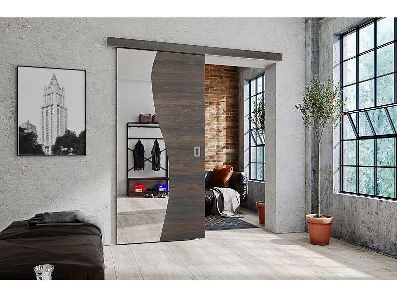 Emporius Porte coulissante 100 cm Kaja - miroir, cache rail, portes coulissantes murales intérieures - Bois foncé