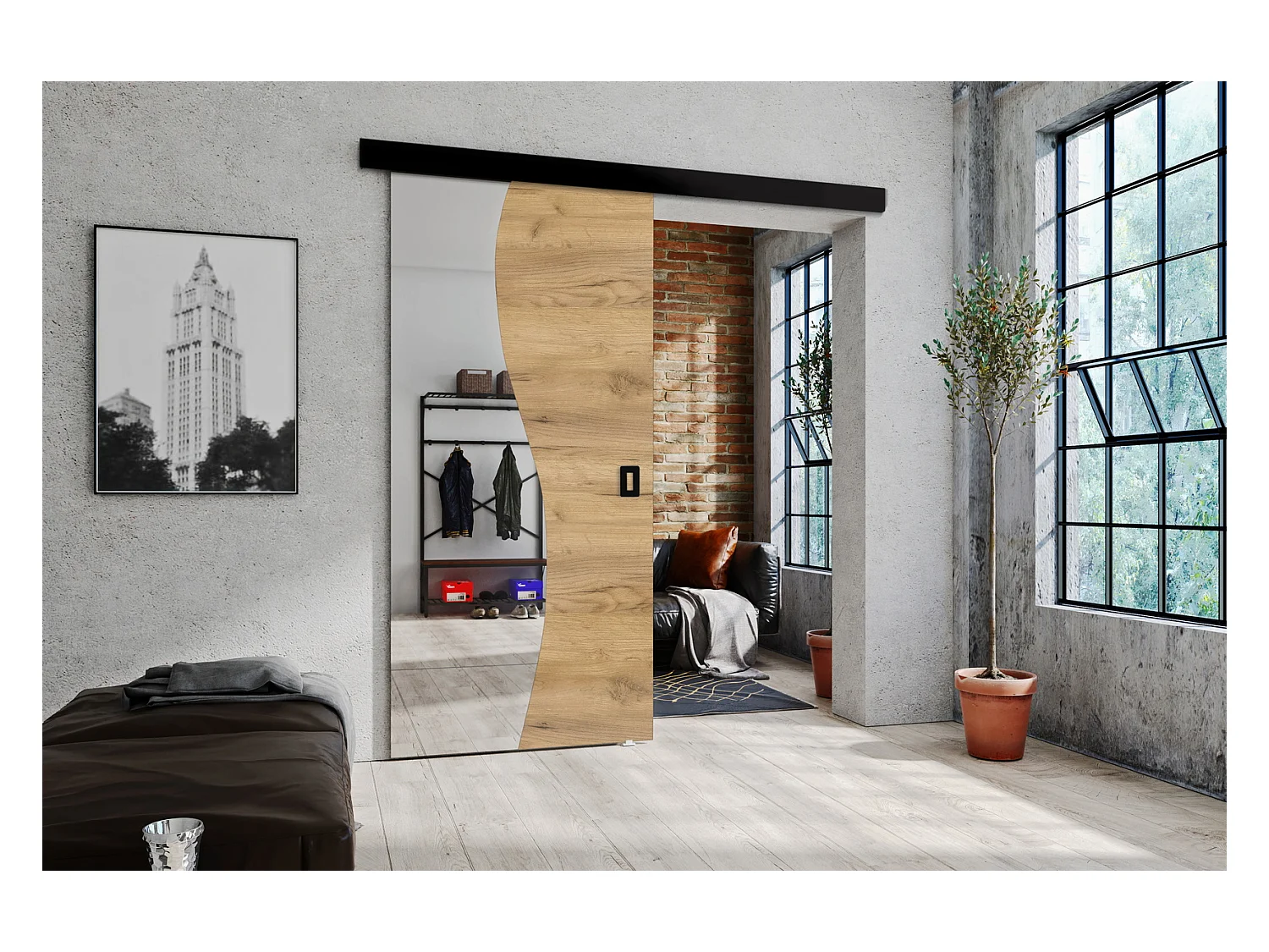 Emporius Porte coulissante 70 cm Kaja - miroir, cache rail, portes coulissantes murales intérieures - Chêne craft doré