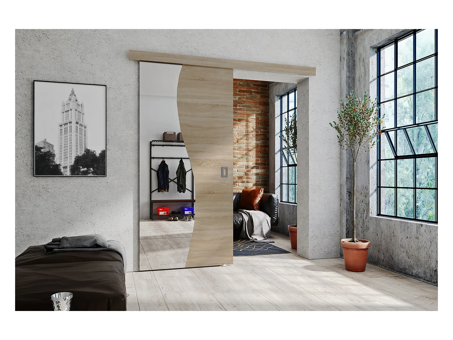 Emporius drzwi przesuwne 100 cm Kaja - drzwi naścienne z lustrem do salonu, garderoby - Dąb sonoma