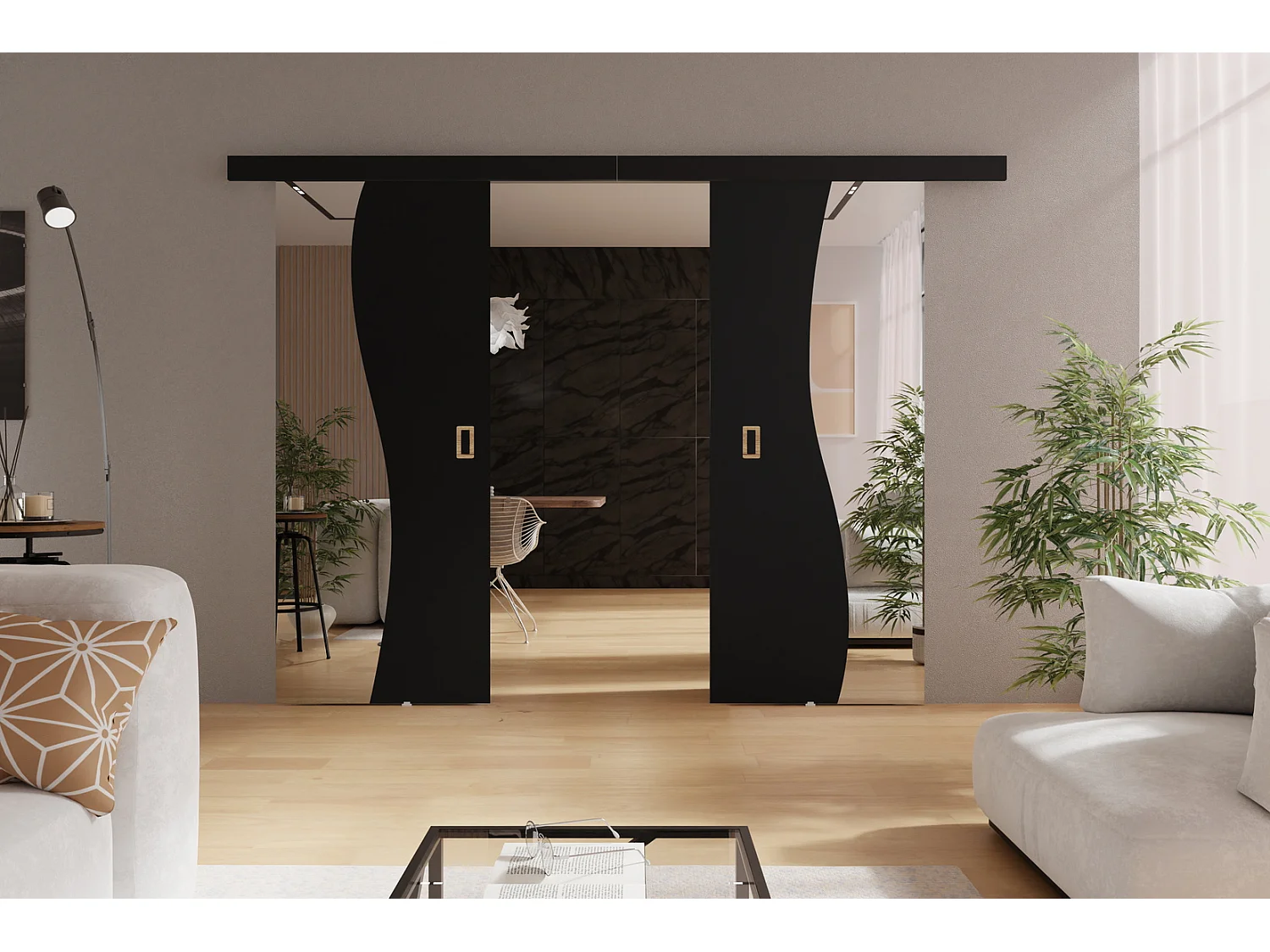 Emporius Porte coulissante 210 cm Kaja Duo - miroir, cache rail, portes coulissantes murales intérieures - Noir