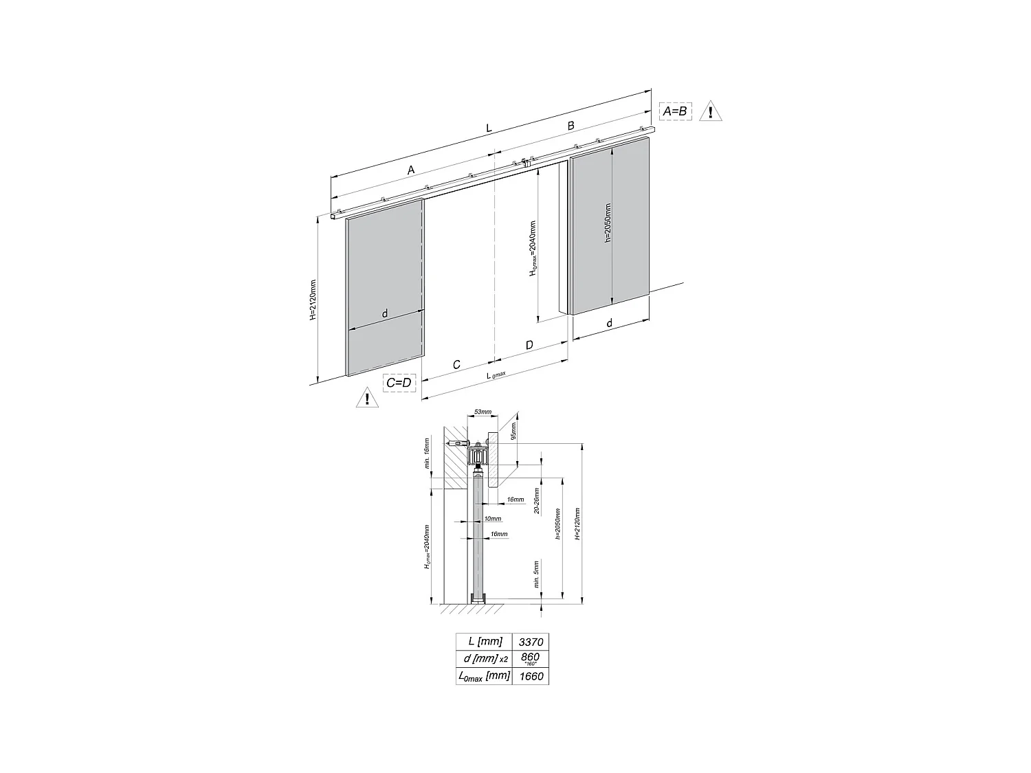 Emporius Porte coulissante 190 cm Belor Duo - imitation de lamelle, porte suspendue coulissante - Chêne sonoma