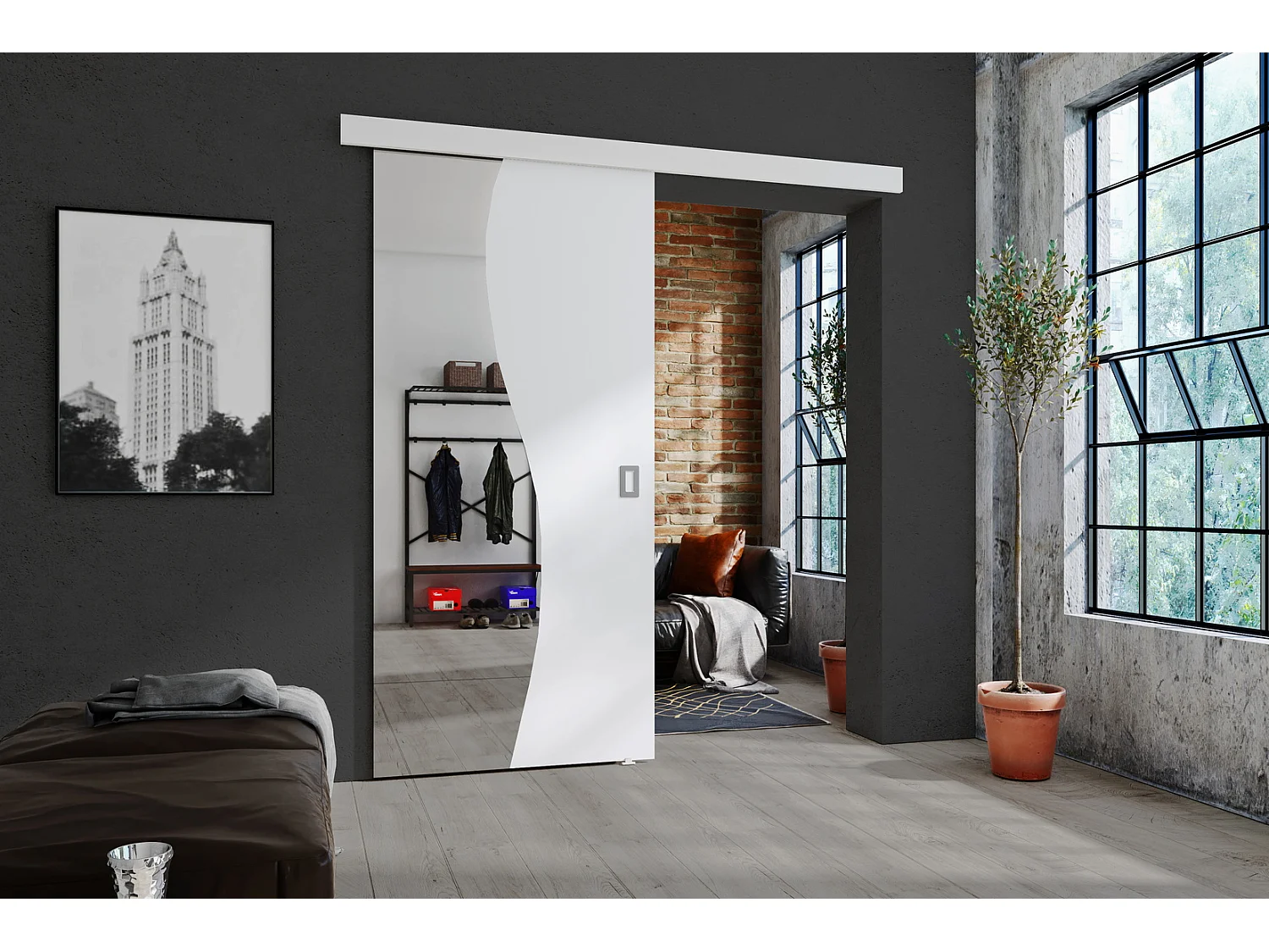 Emporius Porte coulissante 60 cm Kaja - miroir, cache rail, portes coulissantes murales intérieures - Blanc