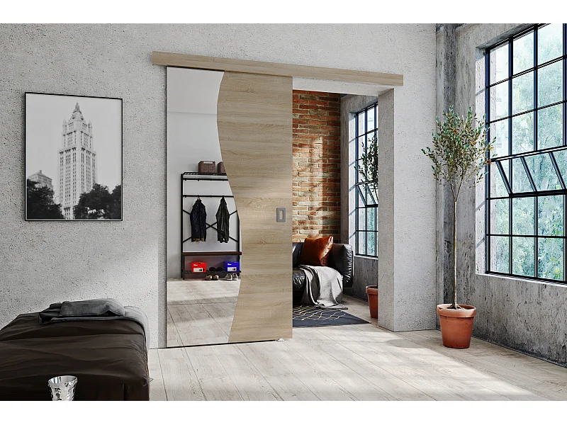 Emporius Porte coulissante 90 cm Kaja - miroir, cache rail, portes coulissantes murales intérieures - Chêne sonoma