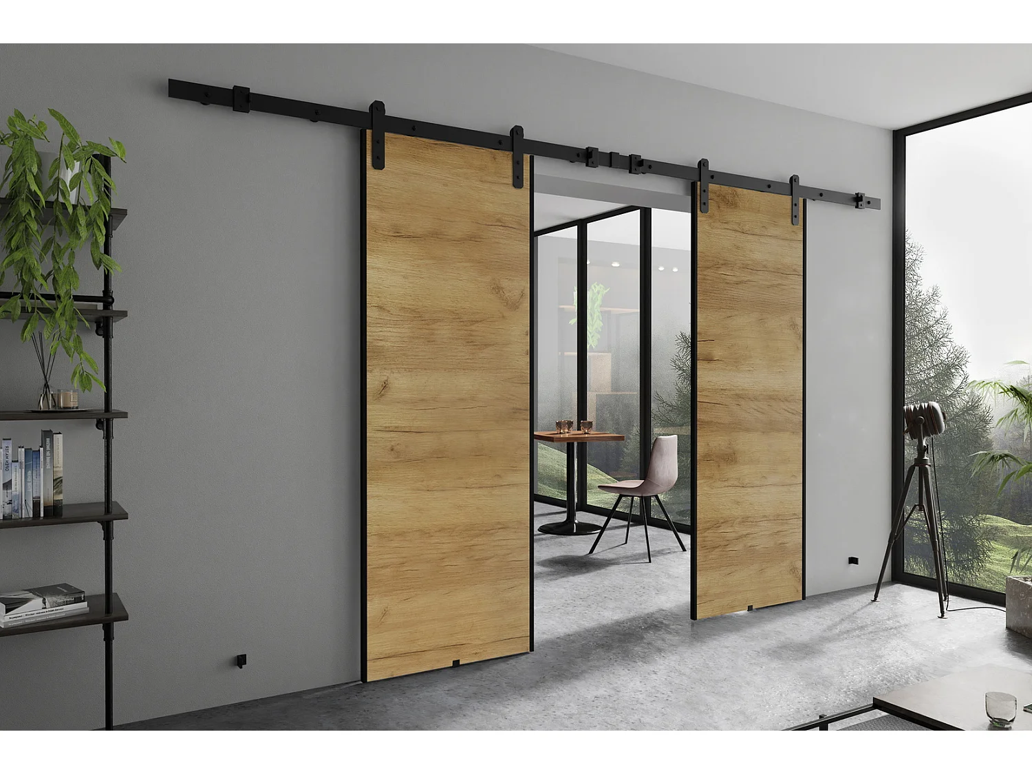 Emporius Drzwi przesuwne 130 cm Ares Duo - drzwi naścienne z systemem regulowanym oraz samodomykaczem - Dąb craft złoty