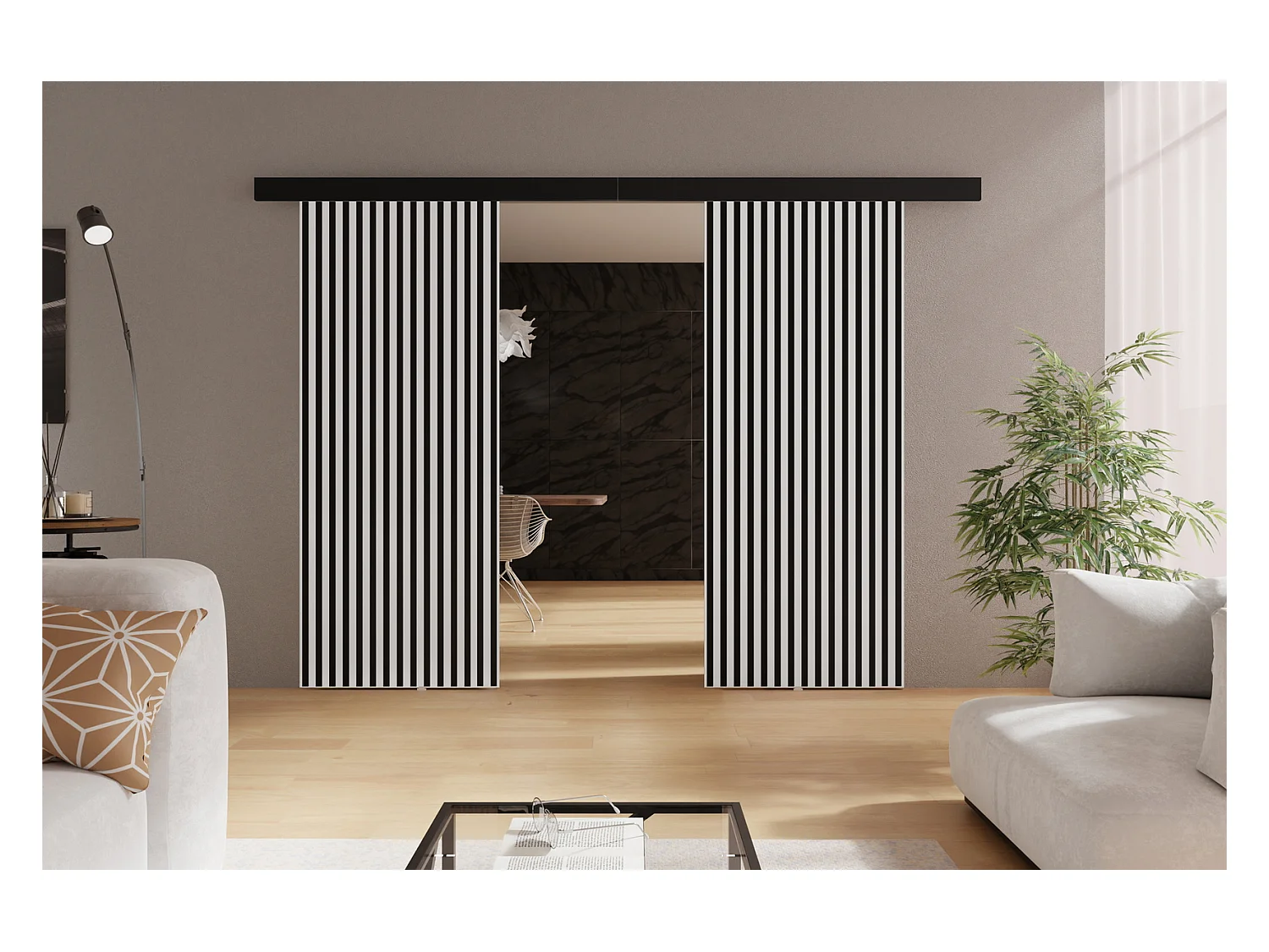 Emporius Porte coulissante 170 cm Belor Duo - imitation de lamelle, porte suspendue coulissante - Blanc