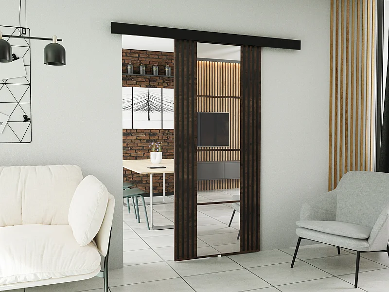 Emporius Porte coulissante avec miroir Elora - imitation de lamelle, porte coulissante 70 cm - Bois foncé