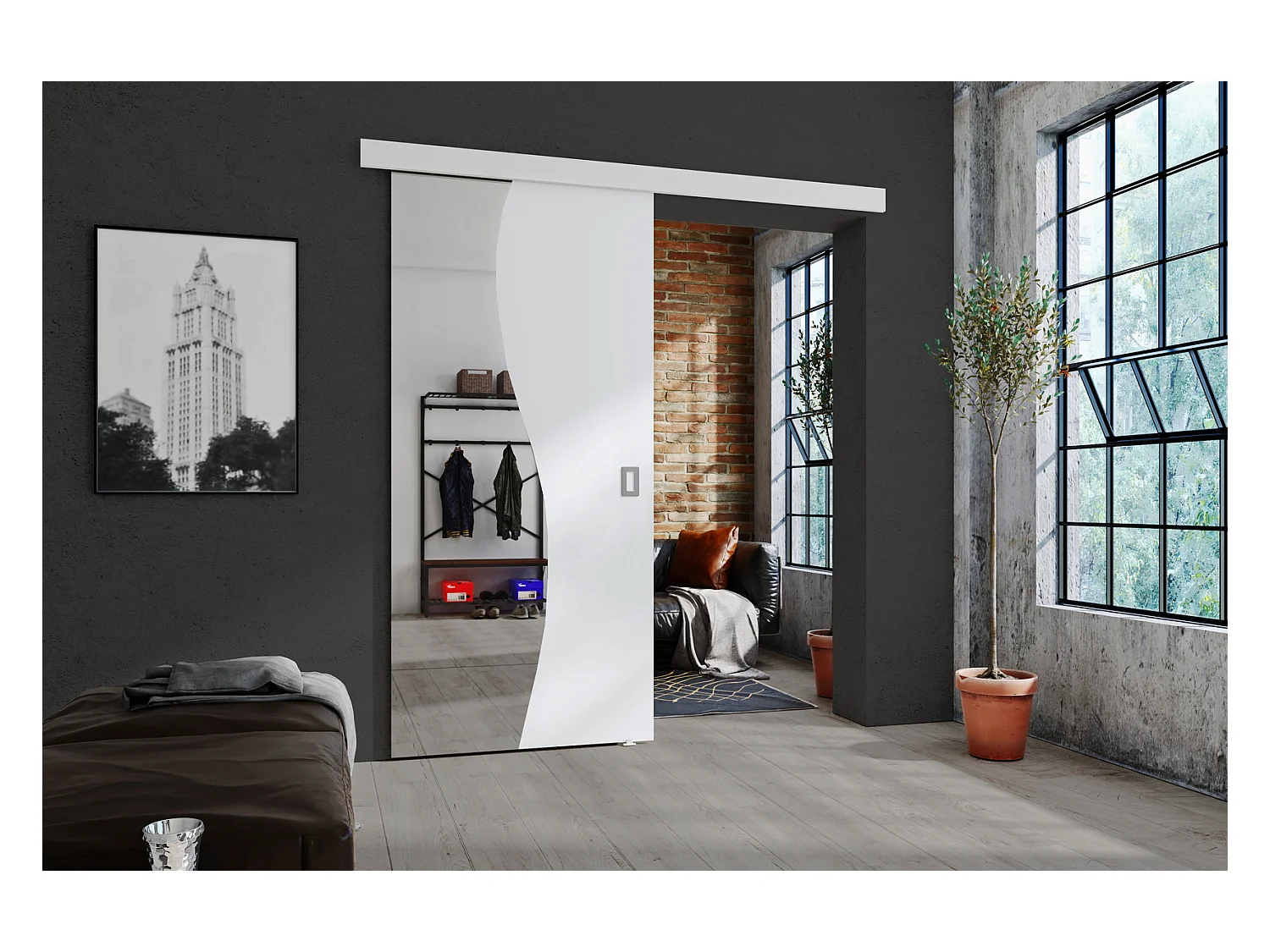 Emporius Porte coulissante 80 cm Kaja - miroir, cache rail, portes coulissantes murales intérieures - Blanc