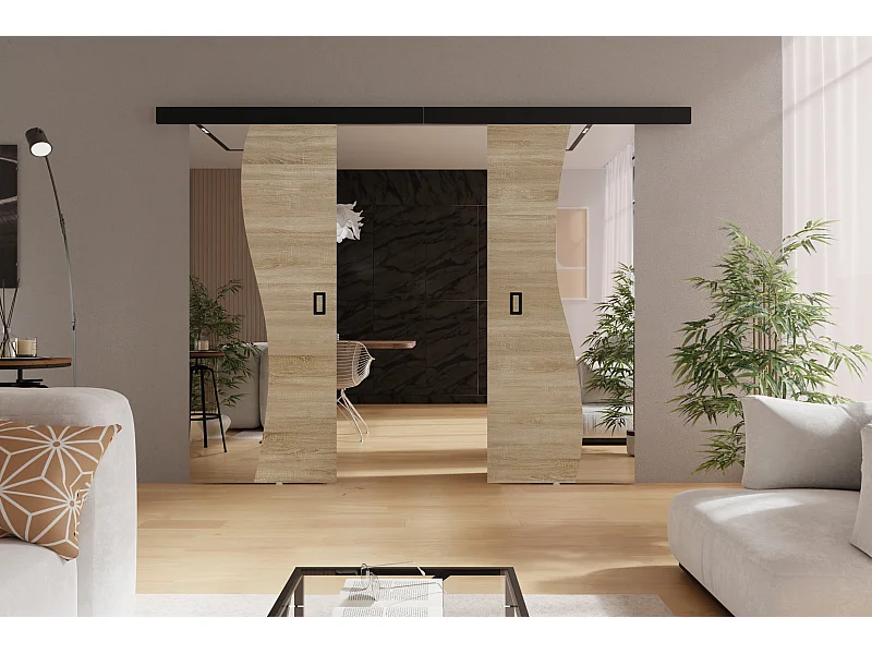 Emporius Porte coulissante 170 cm Kaja Duo - miroir, cache rail, portes coulissantes murales intérieures - Chêne sonoma