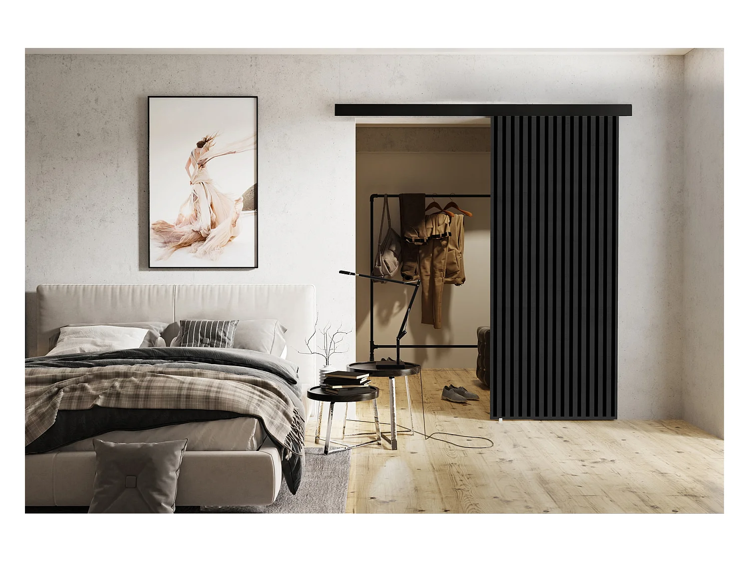 Emporius Porte coulissante 70 cm Belor - imitation de lamelle, porte suspendue coulissante - Graphite