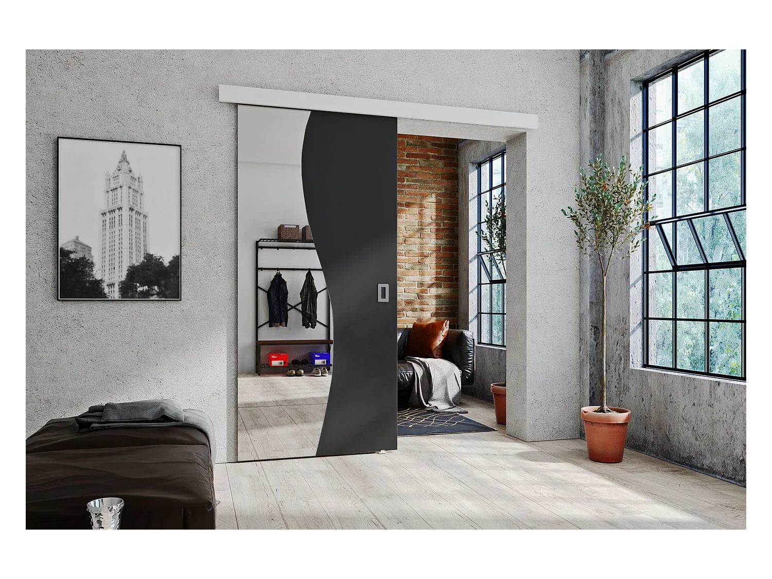 Emporius Porte coulissante 80 cm Kaja - miroir, cache rail, portes coulissantes murales intérieures - Graphite