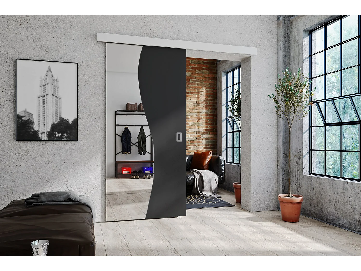 Emporius Porte coulissante 80 cm Kaja - miroir, cache rail, portes coulissantes murales intérieures - Graphite
