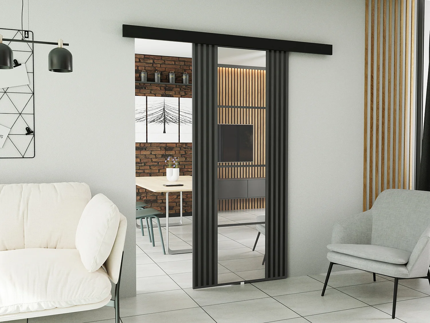 Emporius Porte coulissante avec miroir Elora - imitation de lamelle, porte coulissante 70 cm - Graphite