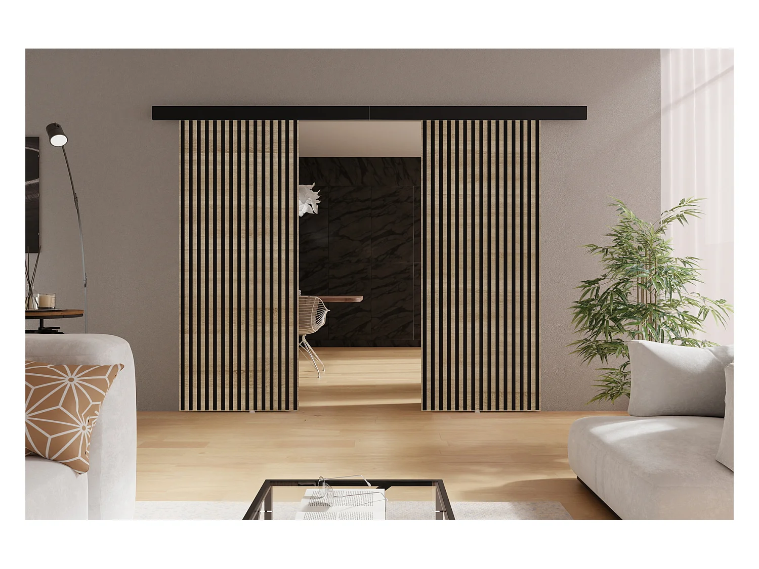 Schuifwanddeuren 130 cm Belor Duo - loftachtige inbouwdeuren, imitatie lamellen - Sonoma