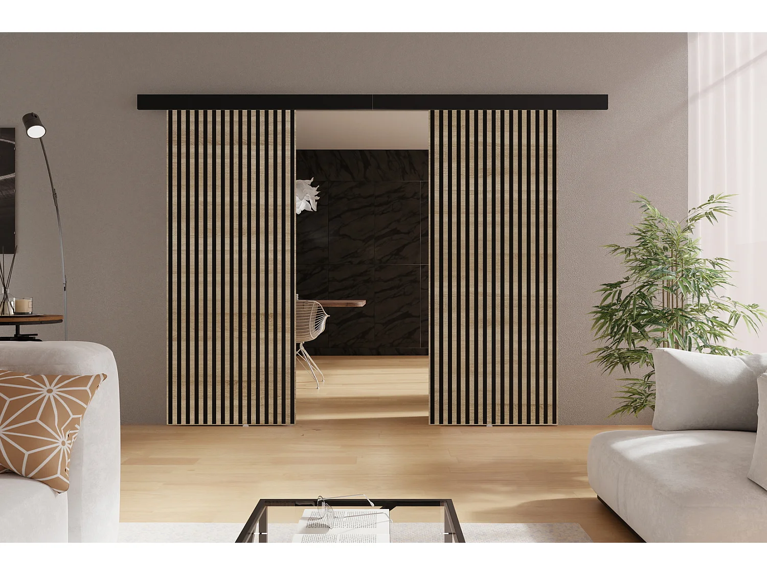 Emporius Porte coulissante 130 cm Belor Duo - imitation de lamelle, porte suspendue coulissante - Chêne sonoma