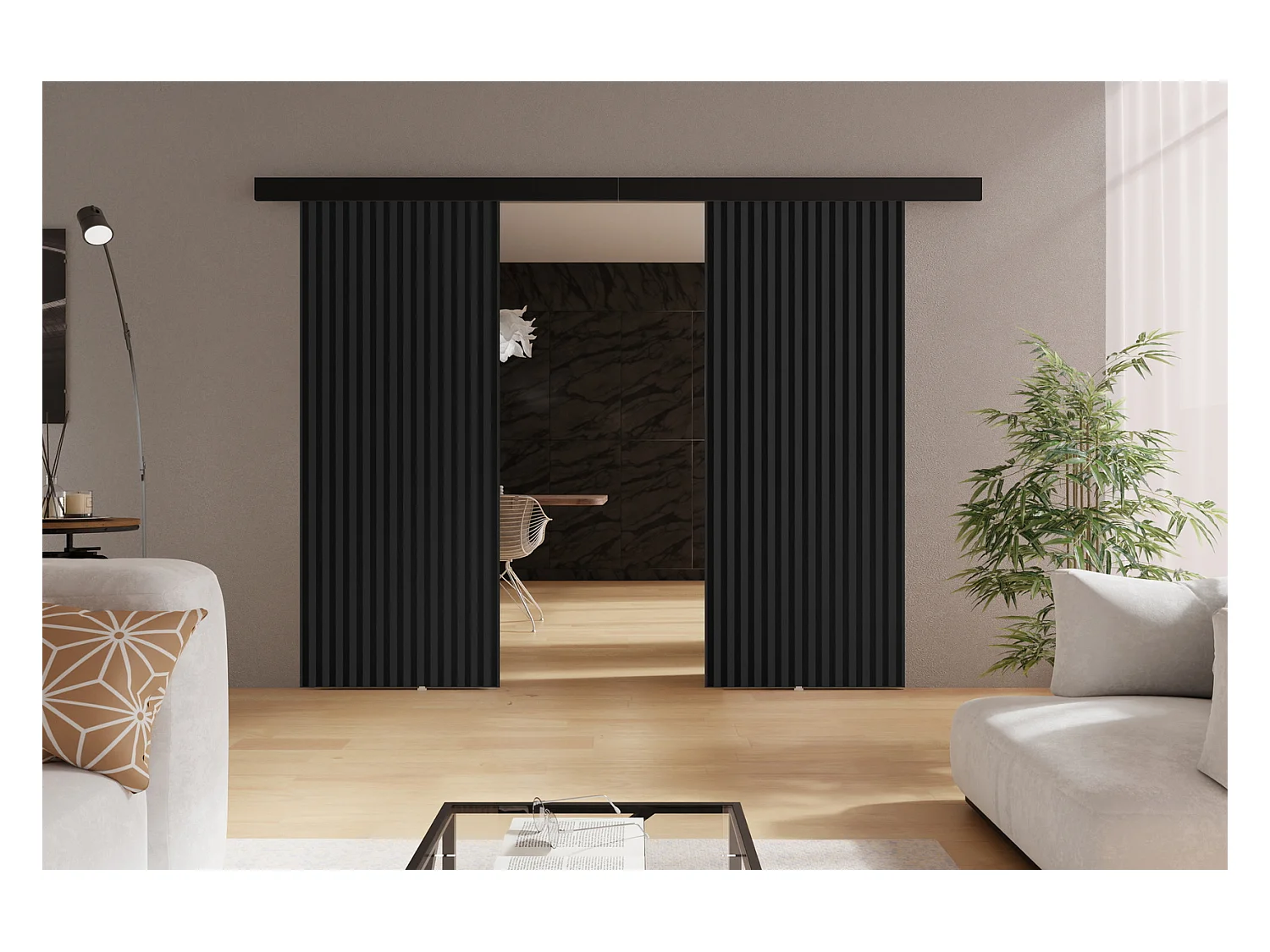 Schuifwanddeuren 130 cm Belor Duo - loftachtige inbouwdeuren, imitatie lamellen - Grafiet