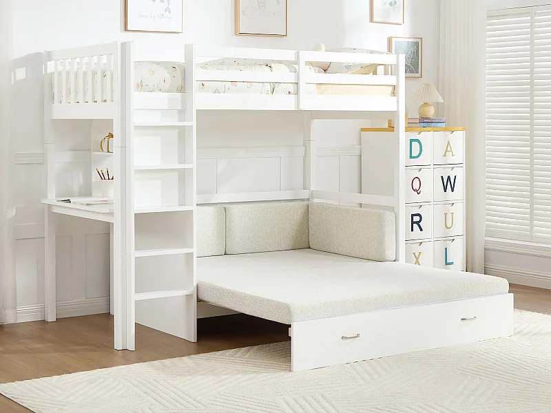 Lit mezzanine 90 X 190 cm avec sofa convertible - Pin et MDF - Blanc - ORPELIA