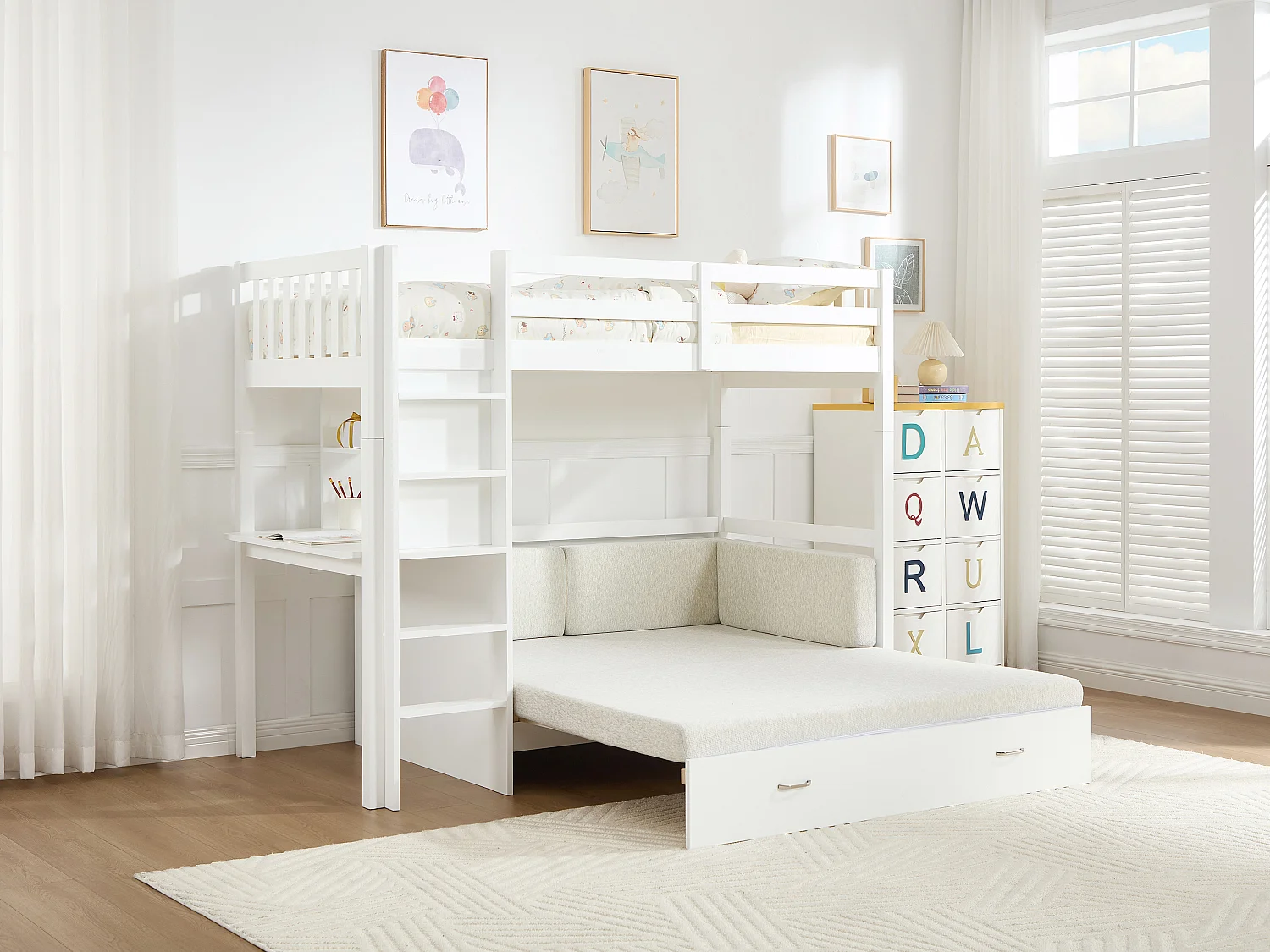 Lit mezzanine 90 X 190 cm avec sofa convertible - Pin et MDF - Blanc - ORPELIA