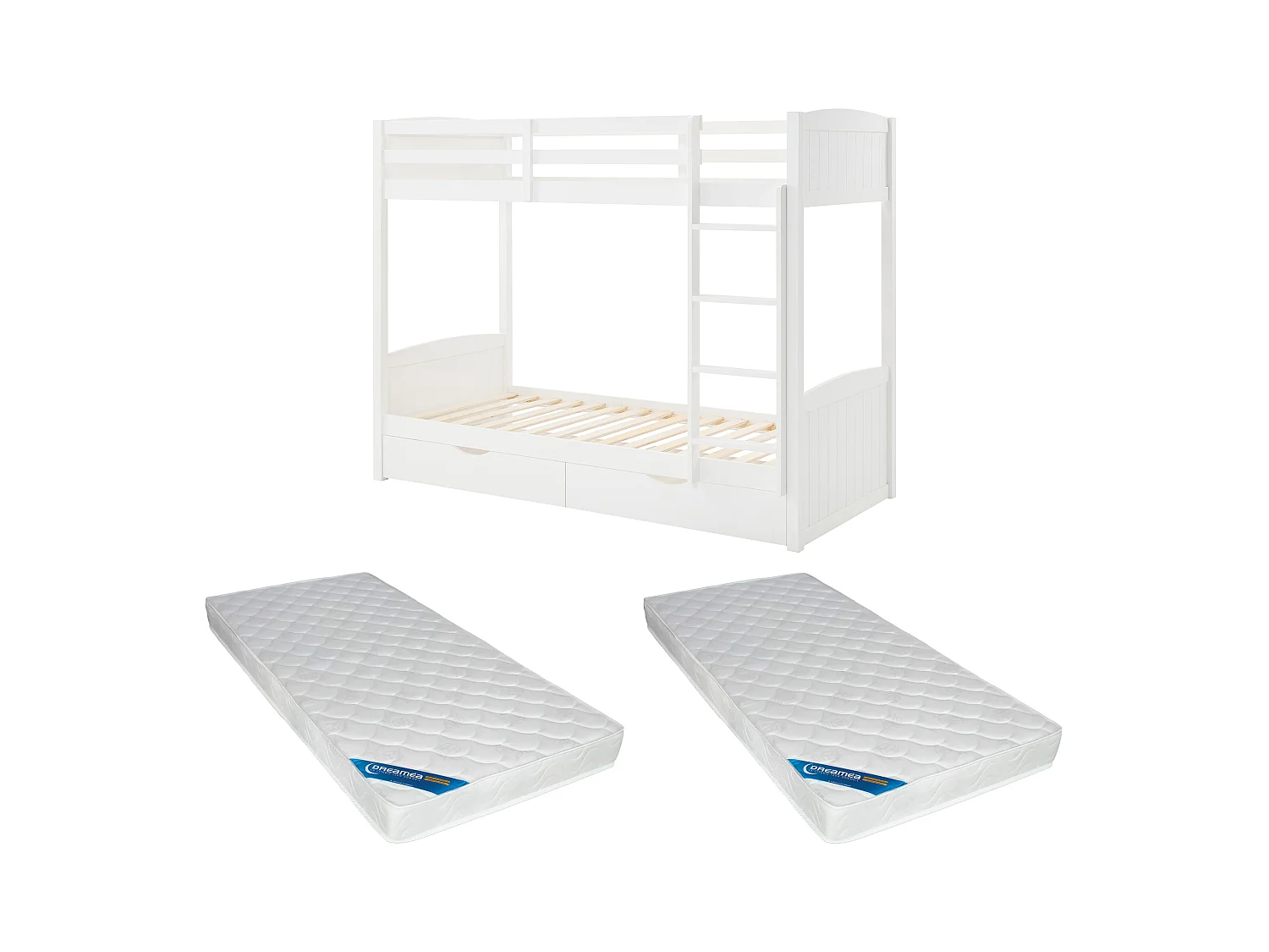 Etagenbett + Matratzen - 2 x 90 x 200 cm - 2 Schubladen - Kiefer & MDF - Weiß - LIMODARA