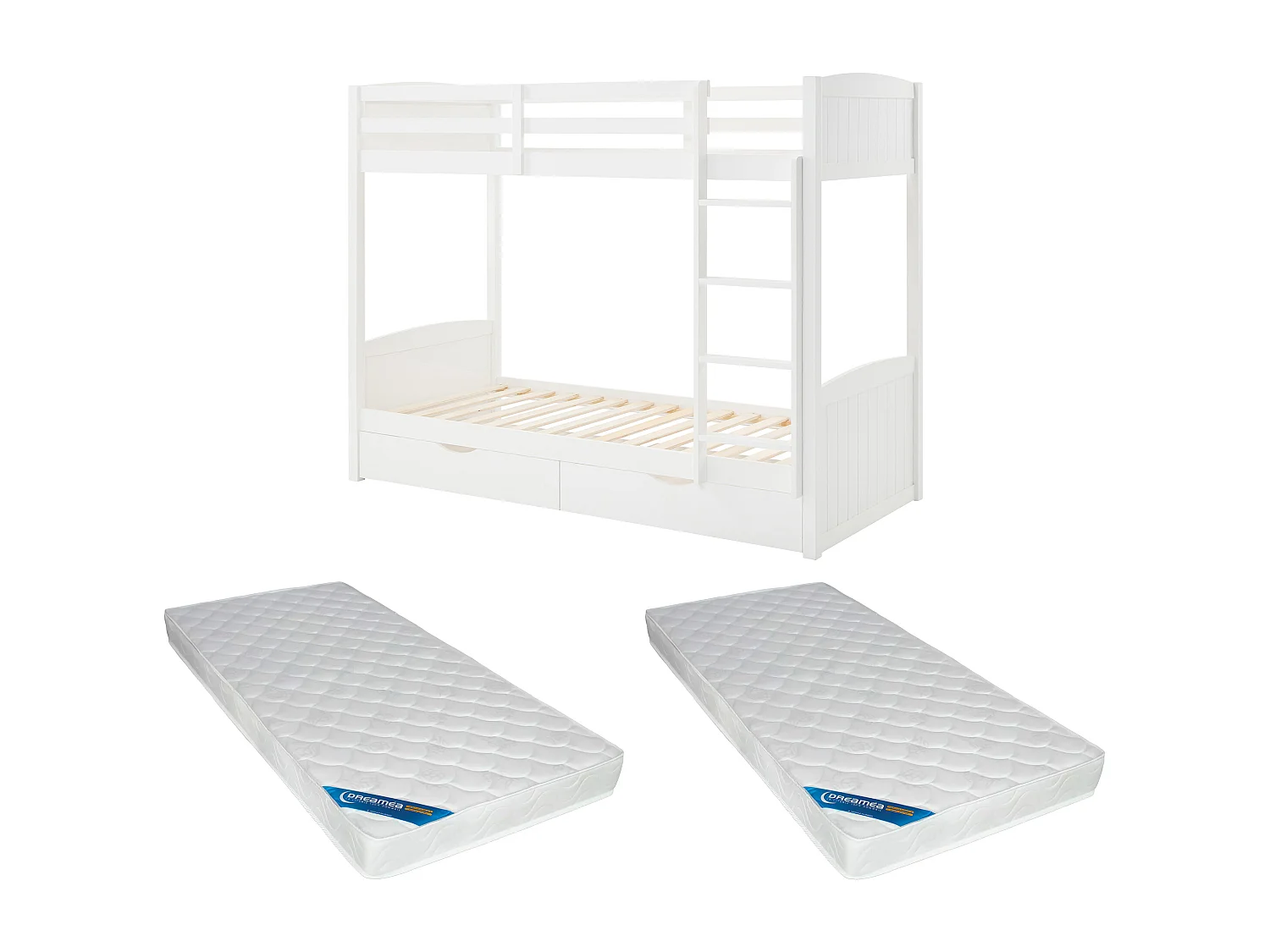 Łóżko piętrowe 2 x 90 x 200 cm - 2 szuflady - Drewno sosnowe i MDF - Biały + Materac - LIMODARA