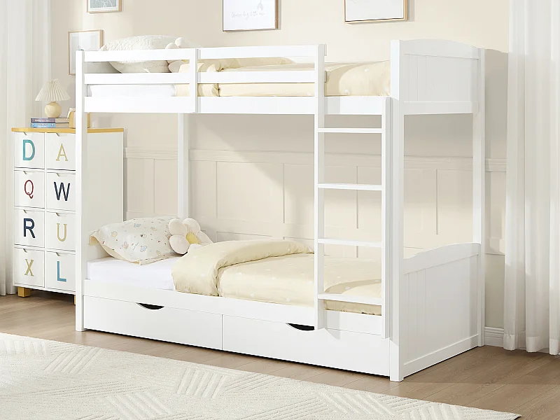Lits superposés 2 x 90 x 200 cm - 2 tiroirs - Pin et MDF - Blanc + Matelas - LIMODARA