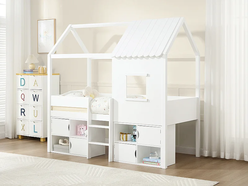 Halbhohes Bett in Hausoptik + Matratze - 90 x 190 cm - Kiefer & MDF - Weiß - VALESKIA