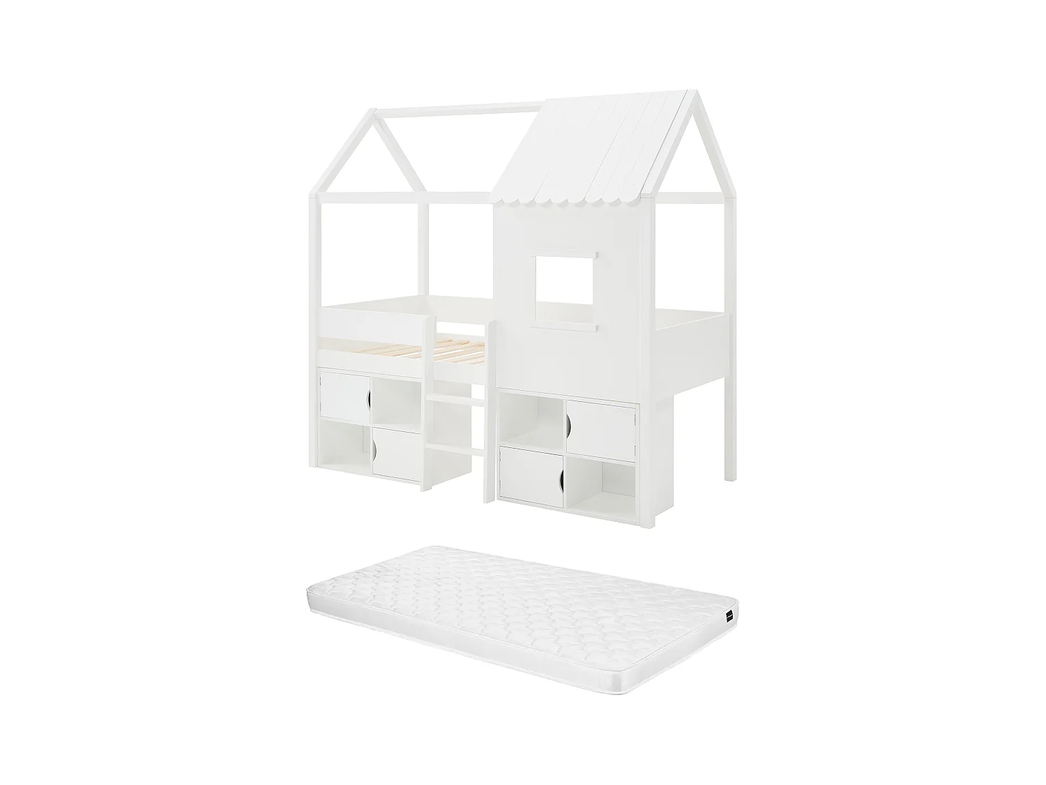 Halbhohes Bett in Hausoptik + Matratze - 90 x 190 cm - Kiefer & MDF - Weiß - VALESKIA